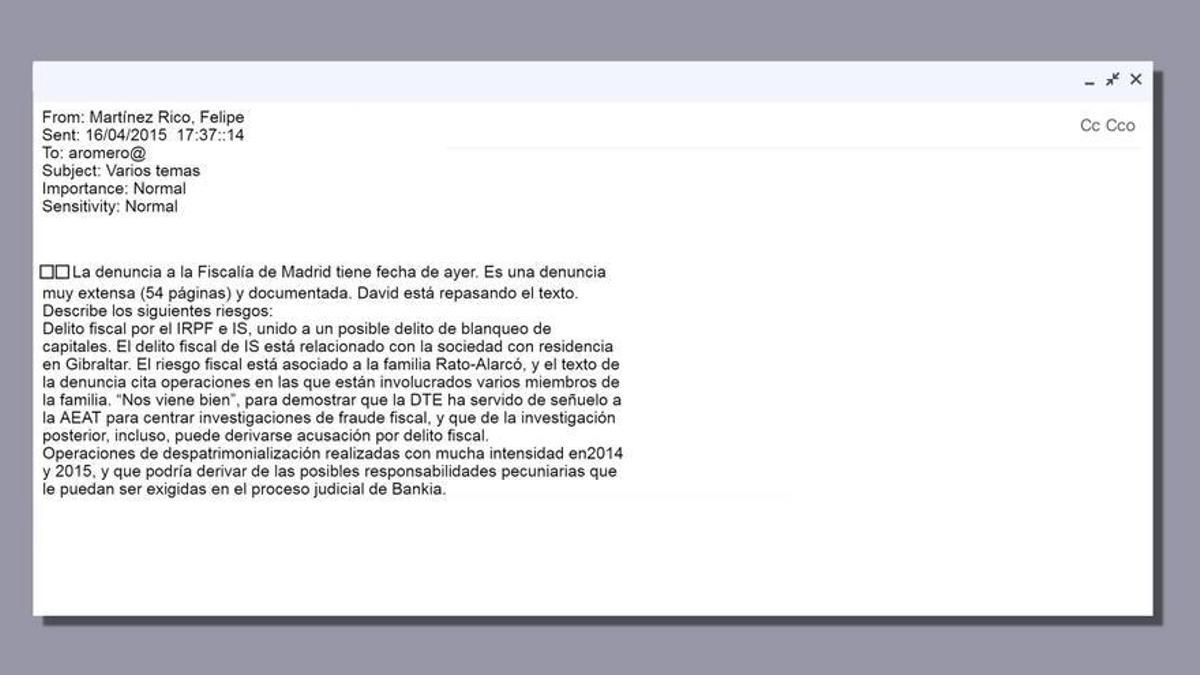 Reconstrucción de un correo electrónico de la cúpula de Hacienda sobre Rodrigo Rato.