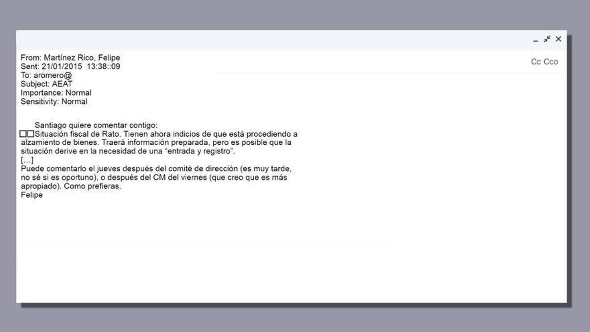 Recreación de un correo electrónico de la cúpula de Hacienda sobre Rodrigo Rato.