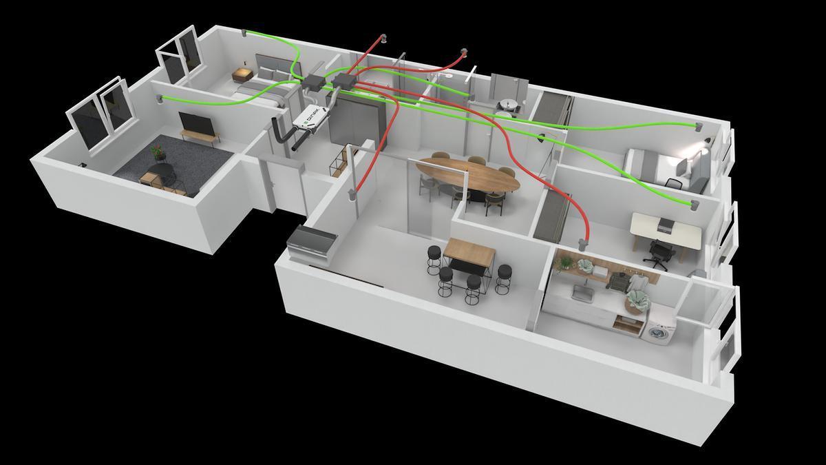 LA VMC se compone de un sistema de ventiladores, conductos y filtros que permiten regular la calidad y cantidad del aire que entra y sale del espacio. En la imagen: infografía de su funcionamiento en una instalación de Dinak.