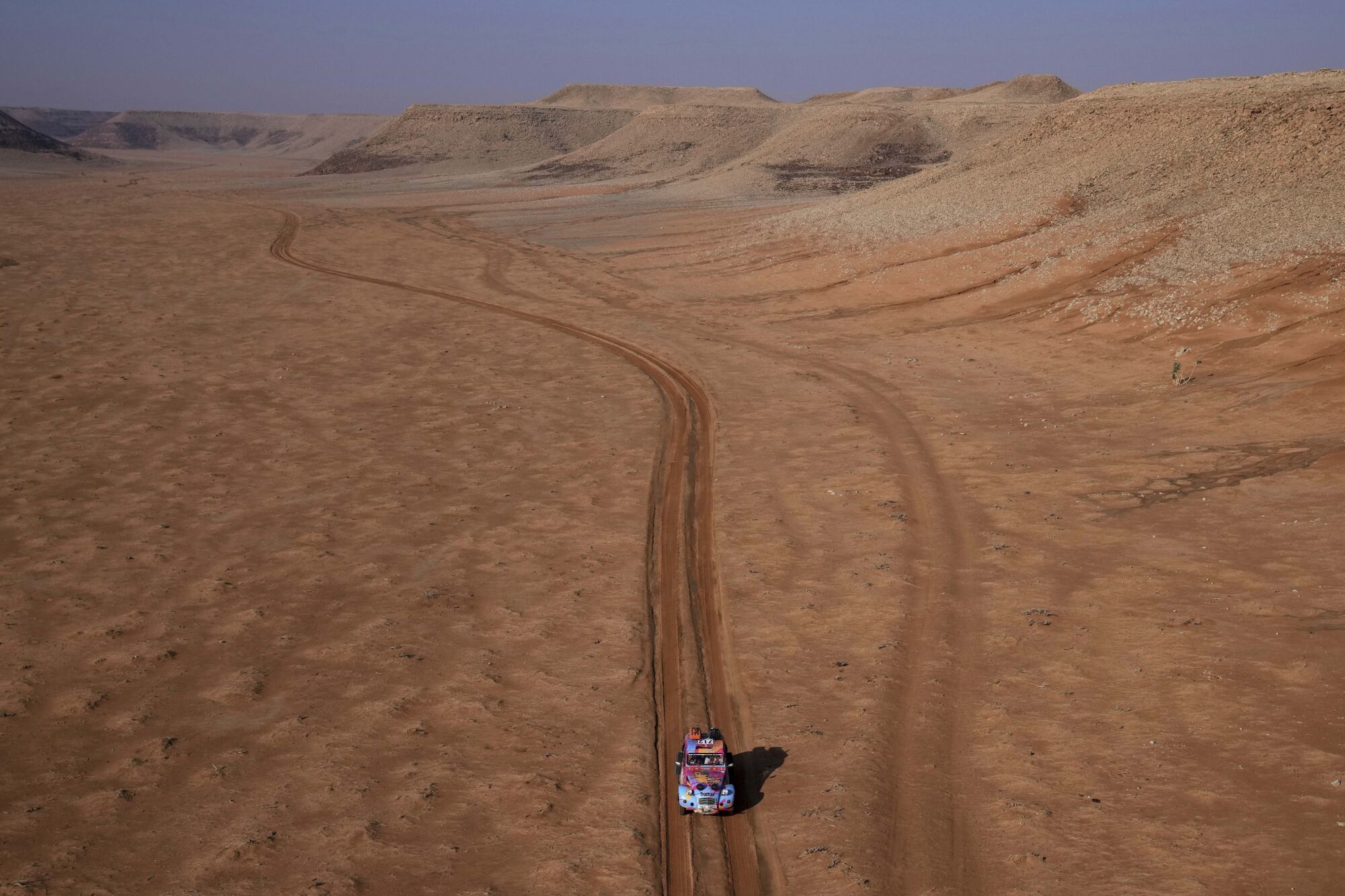 Driver Barbora Holicka and co-driver Lucie Engova drive their Citroen 2CV during the eighth stage of the Dakar Rally Classic between Al Duwadimi and Riyadh, Saudi Arabia, Monday, Jan. 13, 2025. (AP Photo/Christophe Ena) Associated Press/LaPresse. EDITORIAL USE ONLY/ONLY ITALY AND SPAIN