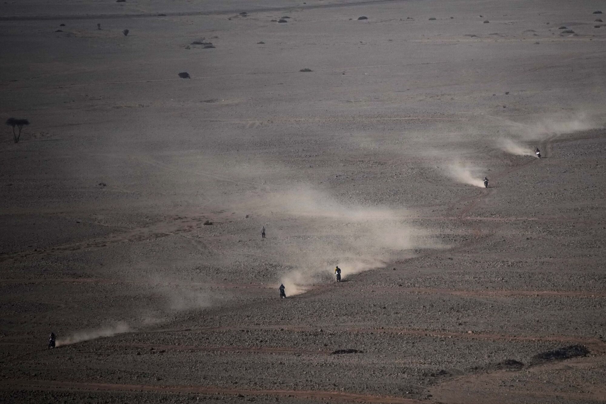 Riders compete during the ninth stage of the Dakar Rally between Riyadh and Haradh, Saudi Arabia, Tuesday, Jan. 14, 2025. (AP Photo/Christophe Ena) Associated Press/LaPresse. EDITORIAL USE ONLY/ONLY ITALY AND SPAIN