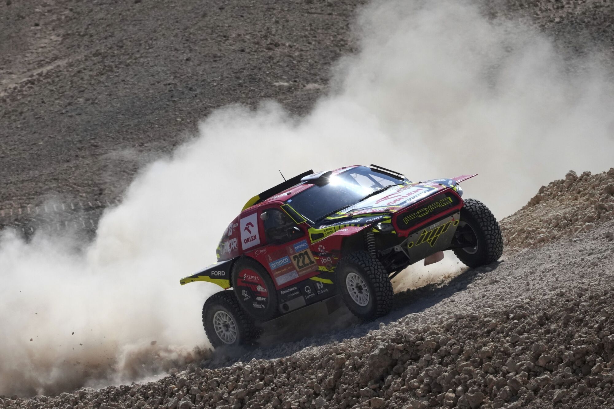 Driver Martin Prokop and co-driver Viktor Chytka compete during the ninth stage of the Dakar Rally between Riyadh and Haradh, Saudi Arabia, Tuesday, Jan. 14, 2025. (AP Photo/Christophe Ena) Associated Press/LaPresse. EDITORIAL USE ONLY/ONLY ITALY AND SPAIN