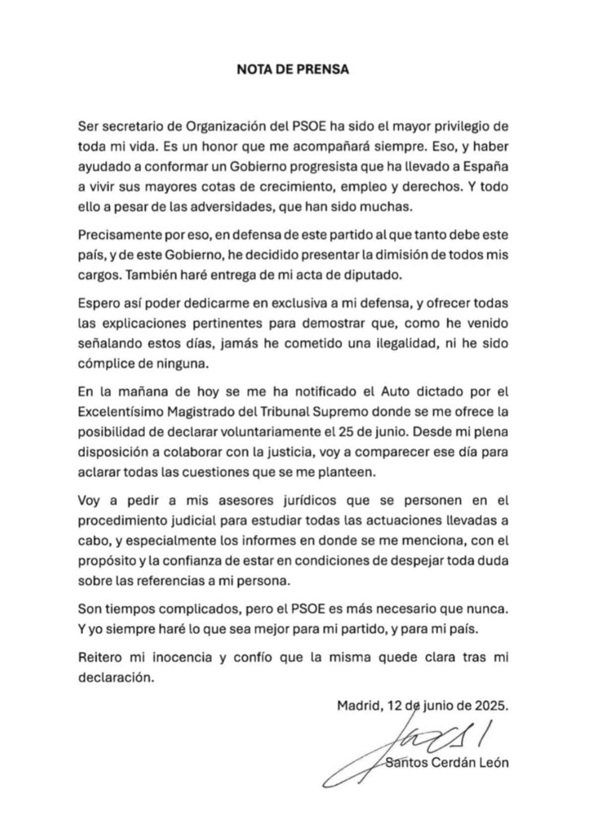 Comunicado de Santos Cerdán.