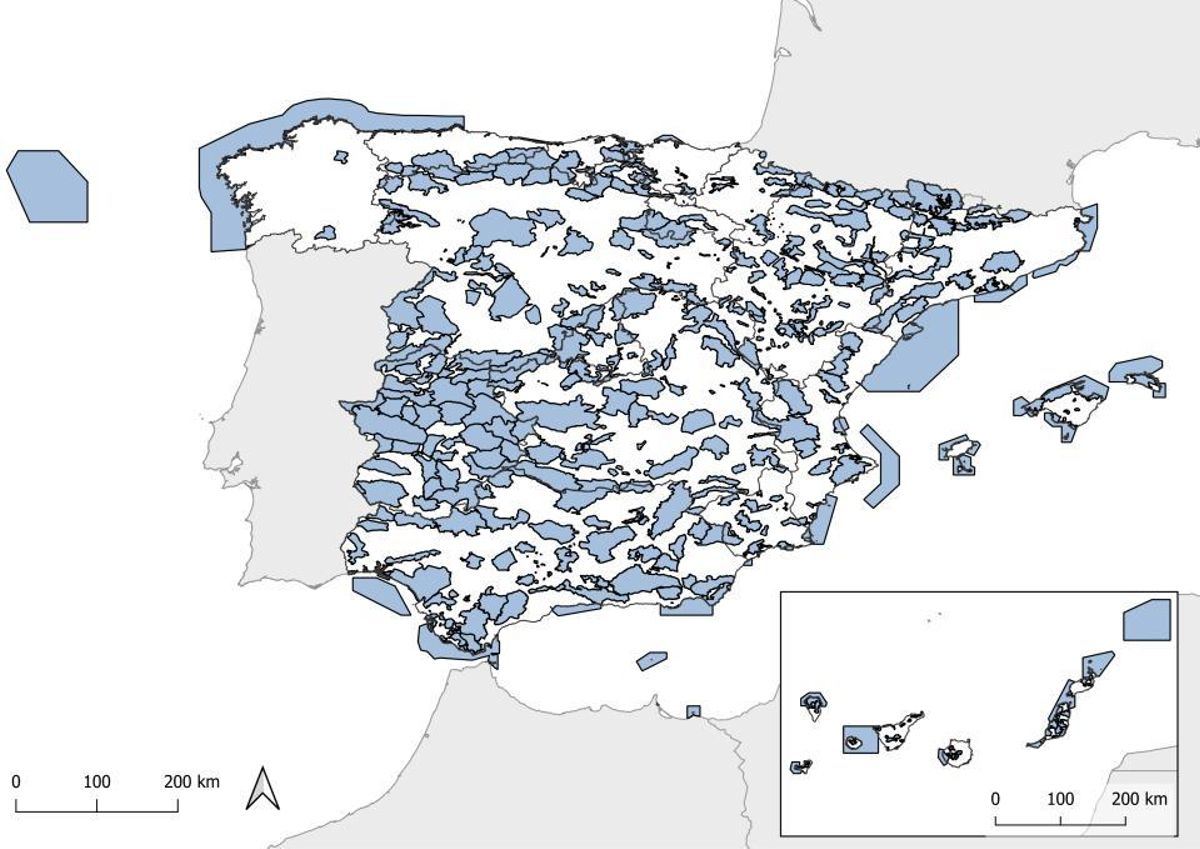 Mapa de España con las IBA identificadas por SEO:BirdLife.