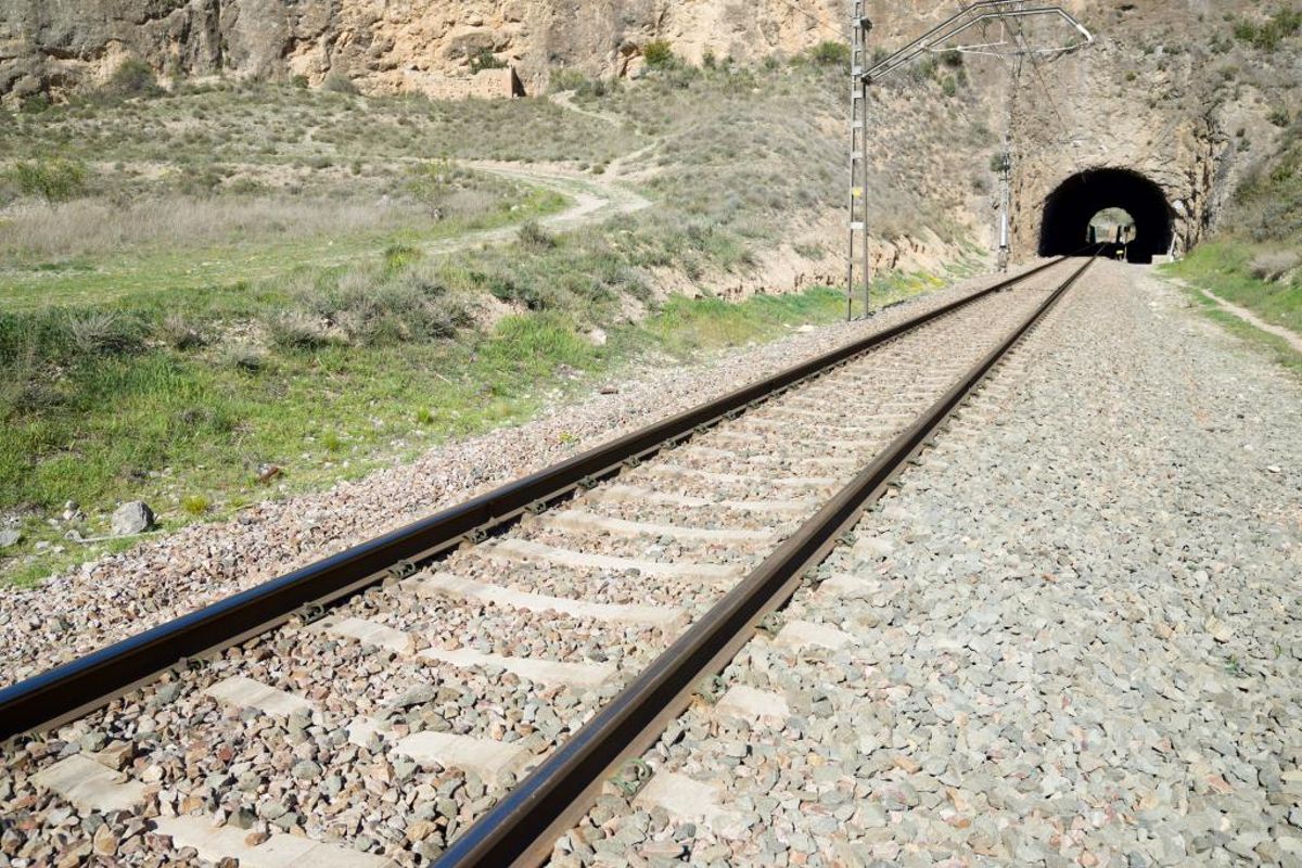 Buena  Tren y túnel en Morata de Jalon, provincia de Zaragoza, Aragón, España.